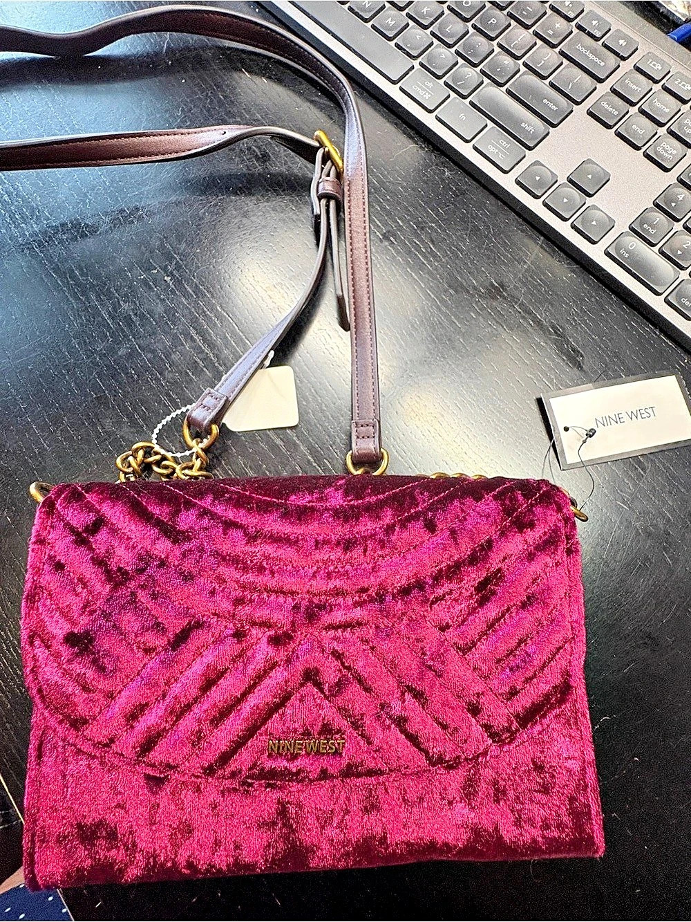 Nine West Velvet Crossbody Bag in dark garnet NWT